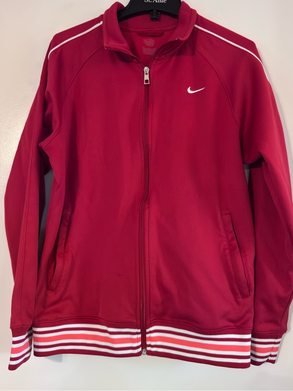 Nike Women's Deep Red Full-Zip Varsity Jacket with White Accents